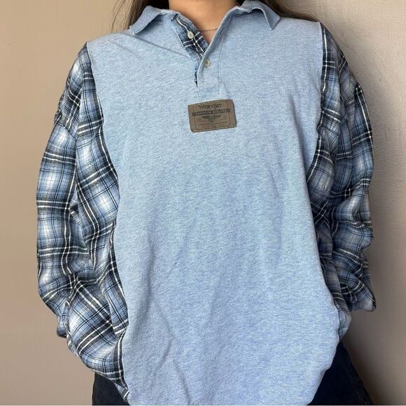 Reworked Upcycled Wrangler Two Tone Flannel Long Sleeve Western Relaxed Shirt - Picture 4 of 5